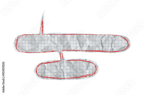 Crumpled notebook double speech bubble. Blue grid graph torn paper texture. Vector school or education element. White chat balloon with red frame underline scribble effect for collage dialogue leaf