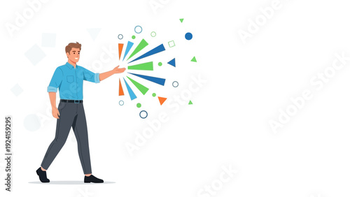 Man creating abstract geometric explosion, innovation and ideas concept