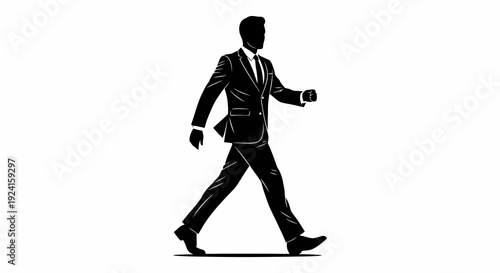Silhouette of a businessman walking confidently forward.