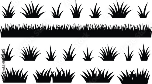 Collection of black and white grass and plant silhouettes arranged in rows and clusters plants