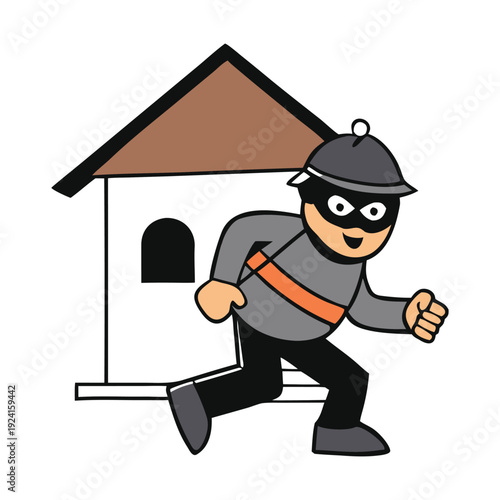 A masked male thief sneaks through the night, breaking into a house with stealth, grabbing valuables, and fleeing before anyone notices the crime.
