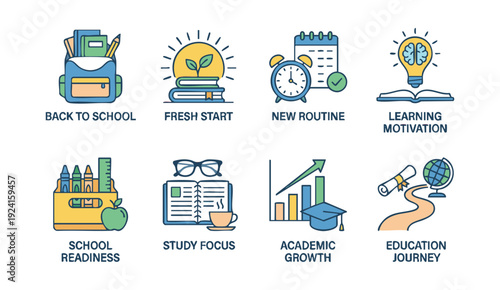 Vibrant education icons for back to school and learning motivation