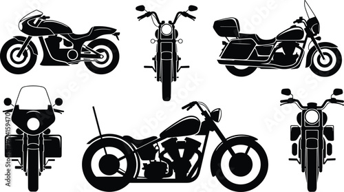 Collection of black and white motorcycle in various styles and angles sport bike cruiser