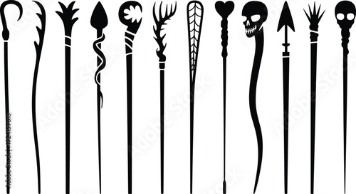 Collection of black silhouettes of various walking sticks with unique carved handles including skulls and animal shapes