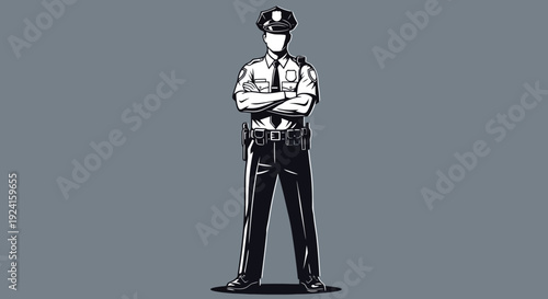 Illustration of a stern police officer standing with arms crossed.