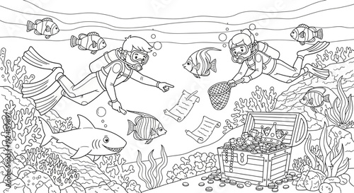 Scuba Divers Exploring Underwater Scene with Fish.