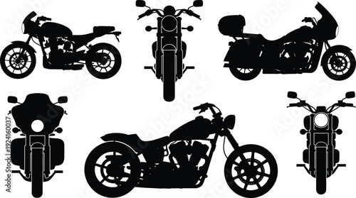 Seven black motorcycle silhouettes in various angles and styles on a white background