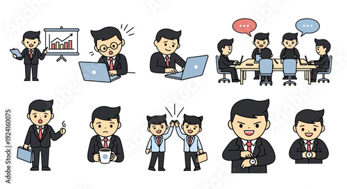 Cartoon Businessman in Various Office Scenes.