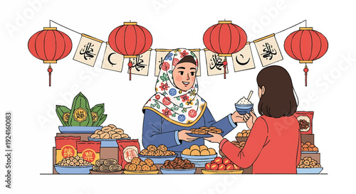 Illustration of a woman in a headscarf selling traditional food to a customer at a festive market stall with red lanterns and decorations.