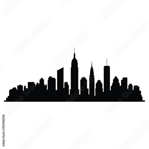 Black silhouette of a cityscape skyline featuring prominent skyscrapers and urban buildings