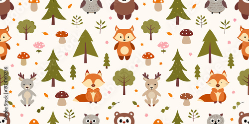 A whimsical pattern featuring woodland creatures and forest elements