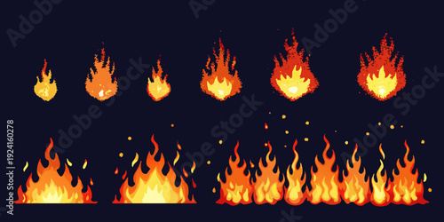 Pixel art flames a sequence of animated fire sprites on a dark background