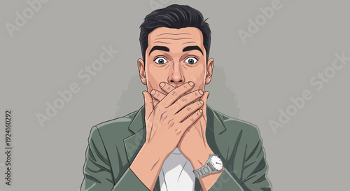 Man Covering Mouth with Hands in Surprise.