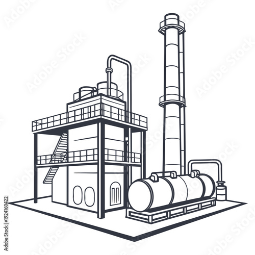 A large industrial building with a tall smokestack