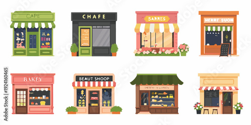 Colorful storefronts of various small businesses in a cartoon style