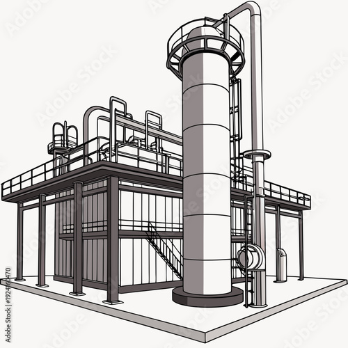 Industrial facility with large cylindrical tank and piping