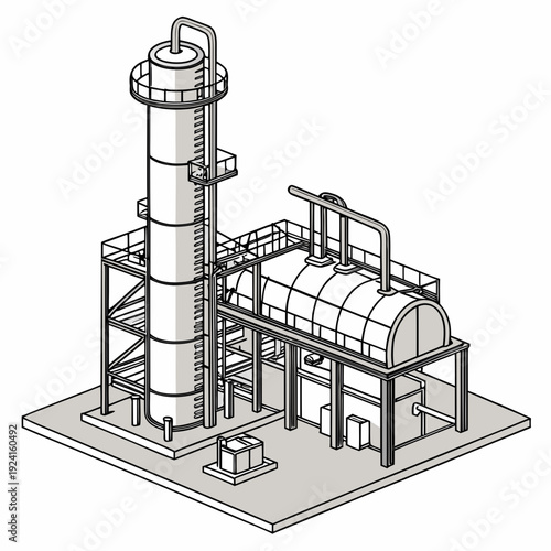 Industrial facility with a tall cylindrical tower and large cylindrical structure