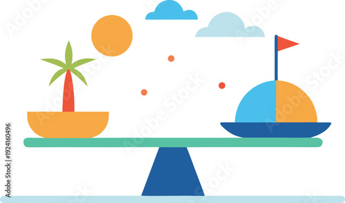 Scale with island and sailboat isolated on transparent background, Vector, illustration