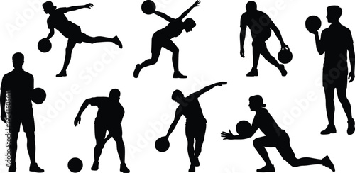 Silhouettes of People Playing Basketball in Various Dynamic Positions black white