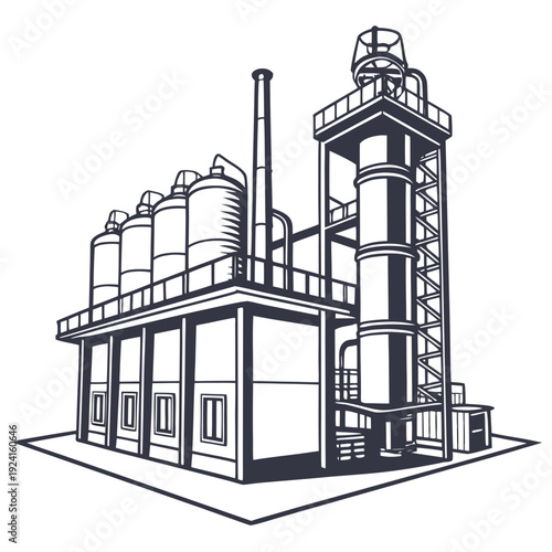 A large industrial building with a tower