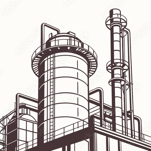 An industrial facility with a large cylindrical tank and smokestack