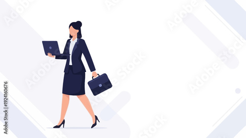 Businesswoman Walking with Laptop and Briefcase, Professional Woman on the Move