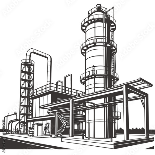 Industrial facility with large cylindrical tower and connected structures