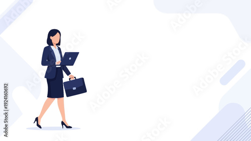 Businesswoman Walking with Laptop and Briefcase, Professional Career Woman