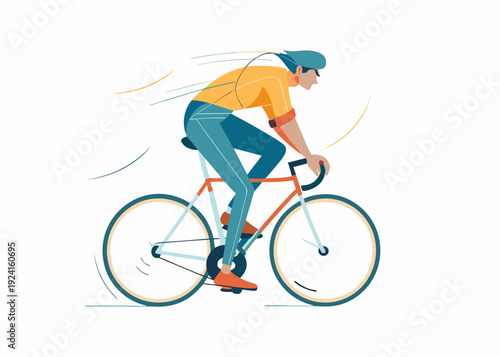 A stylized illustration of a cyclist riding a bicycle with motion lines indicating speed and movement
