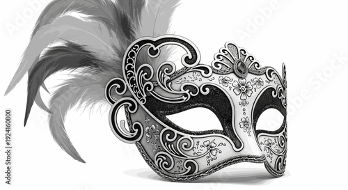 Ornate Venetian Carnival Mask with Feather.