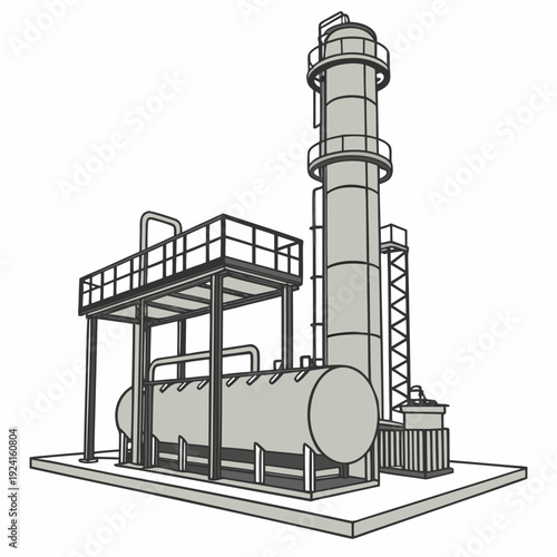 Industrial facility with a large cylindrical tank and tower