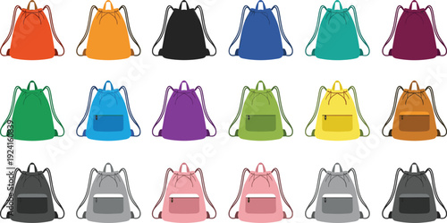 Drawstring Backpack Icon Set Featuring Colorful Gym Bags and Lightweight Sport Rucksacks for School, Travel, Fitness, and Vector Design