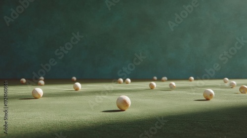 Group of white golf balls scattered on a green felt surface. the background is a dark green color, and the focus is on the golf balls in the center of the image.