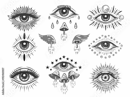 Detailed black and white illustration featuring eyes mushrooms wings stars and mystical patterns