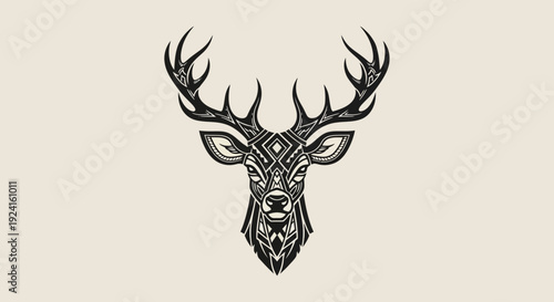 Detailed Illustration of Deer Head with Antlers.