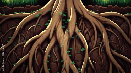 Tree Roots Spreading Deeply Into Soil with Leaves in Forest Setting