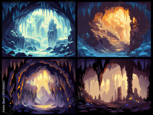 Fantasy cave system illustration showcasing four distinct chambers with varying light and geological features