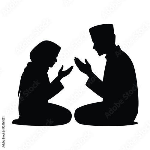 Silhouette of two figures in traditional islamic clothing praying with raised hands