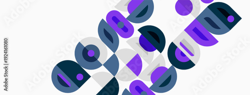 Abstract geometric shapes overlap, creating dynamic visual pattern. Purple, gray, white hues dominate composition. Minimalist design.