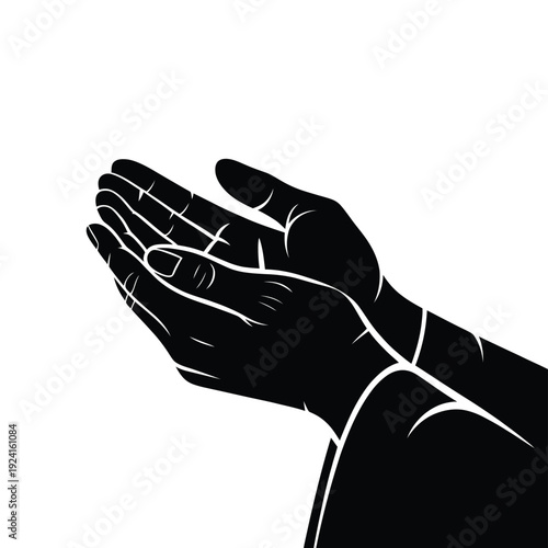 Two black hands clasped together in prayer or a gesture of gratitude on white background