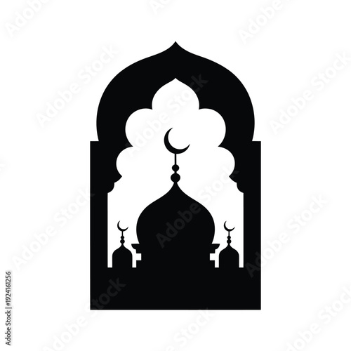 Black silhouette of a mosque with crescent moon and minarets intricate islamic architecture