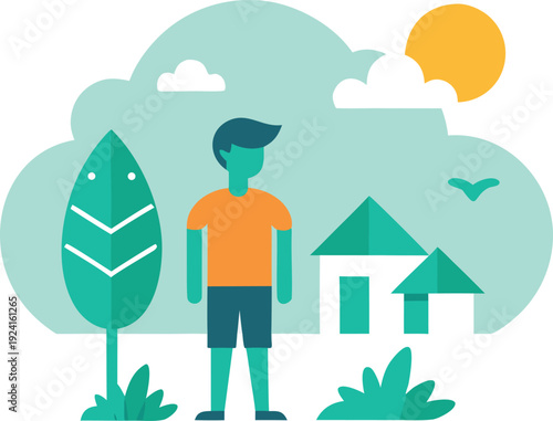 Person standing in front of house with trees isolated on transparent background, Vector, illustration