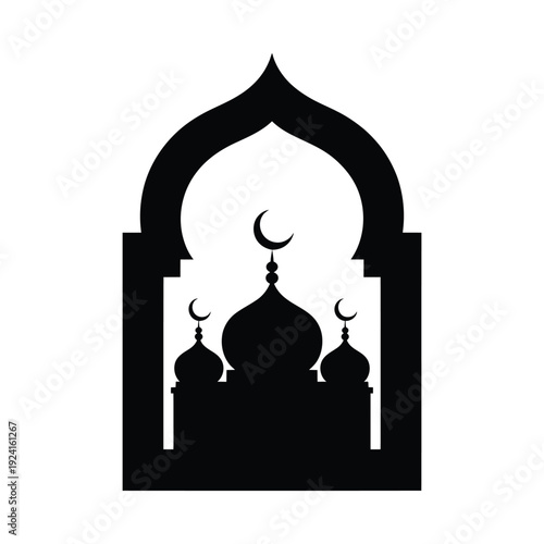 Black silhouette of a mosque with crescent moons and domes against a white background
