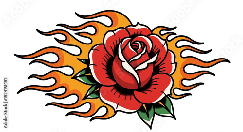 Red Rose Tattoo Design with Flames.
