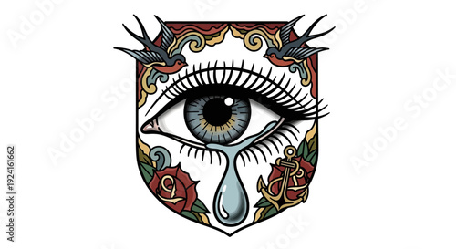 Tattoo Style Eye with Tear Illustration.