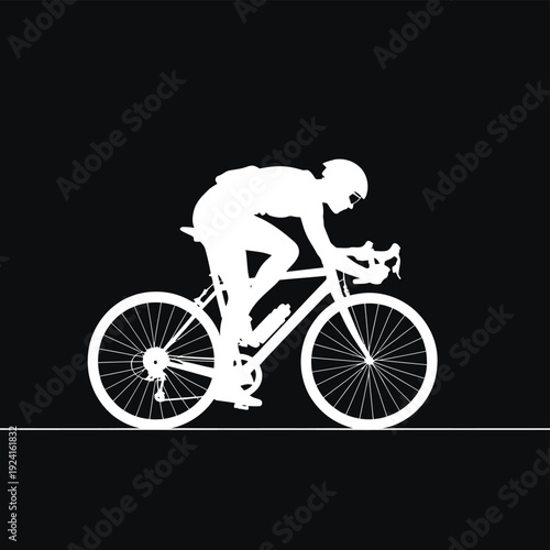 Silhouette of a cyclist riding a road bike against a stark black background