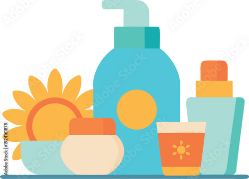 Sun care products on a blue surface isolated on transparent background, Vector, illustration