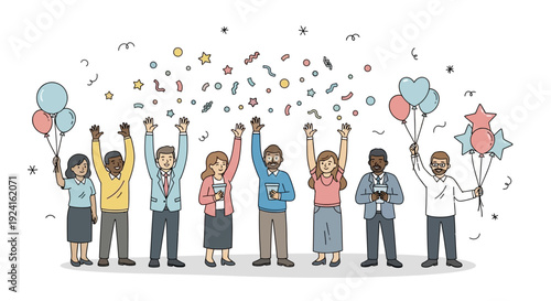 Group of People Celebrating with Balloons and Confetti.