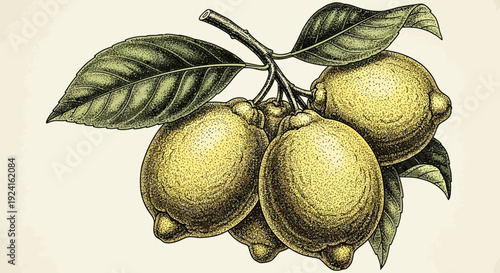 Illustration of Lemons on Branch with Leaves.
