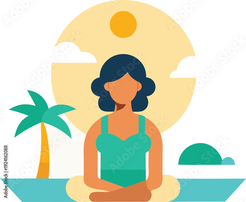 Woman meditating on a beach isolated on transparent background, Vector, illustration